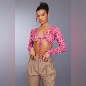 PrettyLittleThing Pink Heart Print Mesh Tie Front Long Sleeve Crop Top